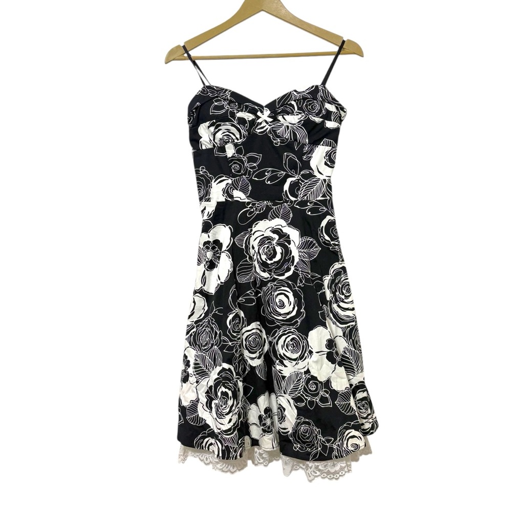 Vintage Y2K Ruby Rox Size 7 Black White Floral Babydoll Cami Mini Dress Formal